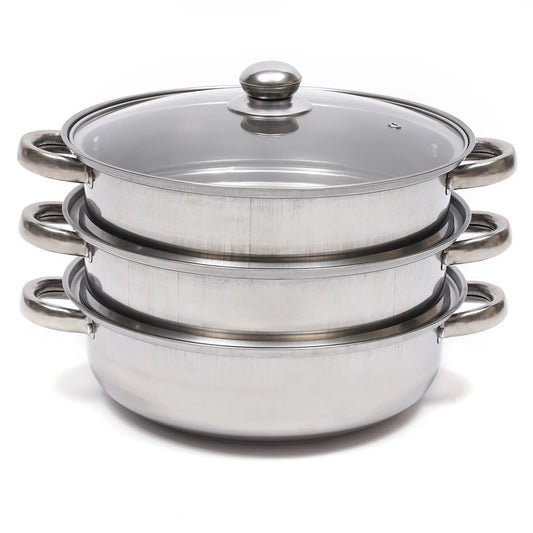 Cuit vapeur inox 3 niveaux – Cuisson saine rapide. par Ustensile de chef, panier vapeur inox empilable avec couvercle verre
