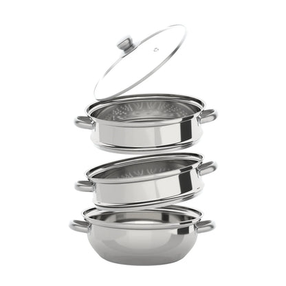 Cuit vapeur inox 3 niveaux – Cuisson saine rapide Ustensile de chef empilable en acier inoxydable avec couvercle en verre