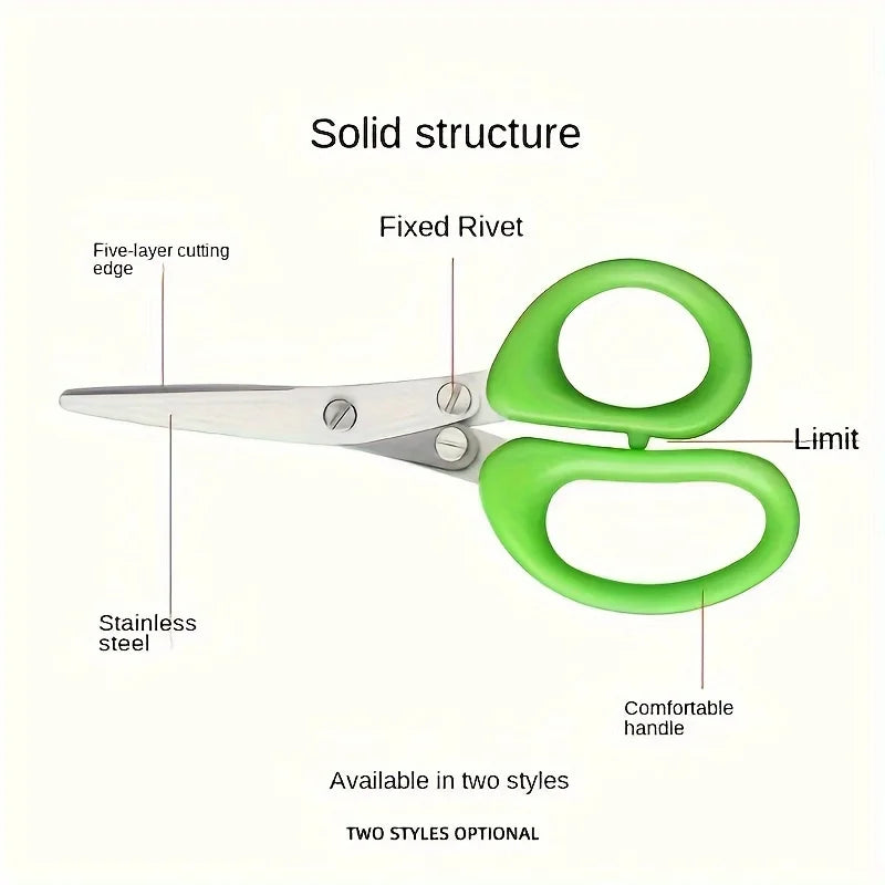Ciseaux de Cuisine 3 et 5 Lames – Couper Herbes, paire de ciseaux de cuisine inox poignée verte lame cinq couches rivet fixe