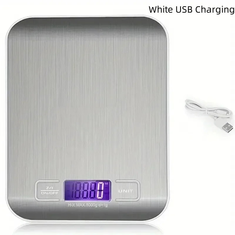 Balance de Cuisine Numérique Précise en acier inox avec écran LCD bleu et câble de chargement USB blanc