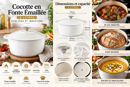 Cocotte en Fonte Émaillée 4 L – Tous Feux et Induction, idéale pour mijoter et cuire des plats savoureux