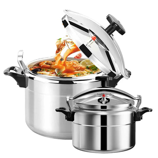 Cocotte-Minute Aluminium 3L/5L/7L – Pour Cuisinière à Gaz avec couvercle ouvert et ingrédients à l'intérieur