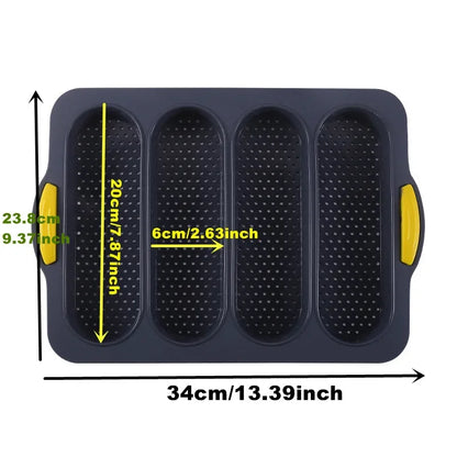 Moule à Pain & Burgers en Silicone – Antiadhésif, Durable. Moule 4 cavités allongées noir avec poignées jaunes 34x23,8 cm