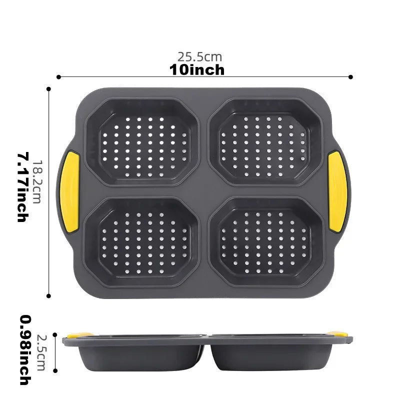 Moule à Pain & Burgers en Silicone – Antiadhésif, Durable. Moule 4 cavités perforées avec poignées jaunes pour burgers