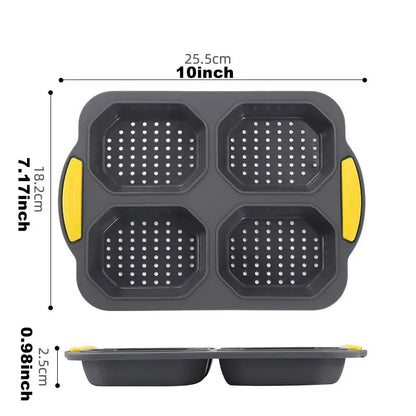 Moule à Pain & Burgers en Silicone – Antiadhésif, Durable. Moule 4 cavités perforées avec poignées jaunes pour burgers