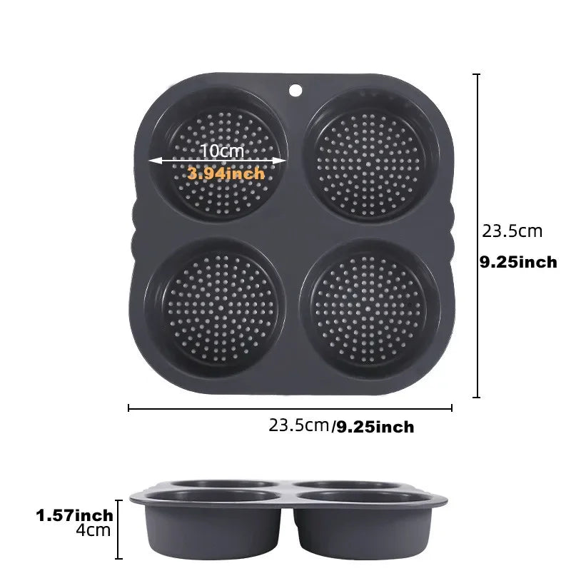 Moule à Pain & Burgers en Silicone – Antiadhésif, Durable. Plaque 4 cavités perforées diamètre 10 cm 23,5 x 23,5 cm profondeur 4cm
