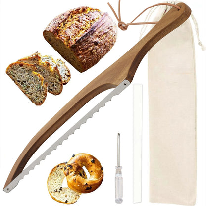 Couteau à Pain Dentelé Inox & Bois – Coupe Sans Miettes avec manche en bois et lame dentelée, sac de rangement inclus