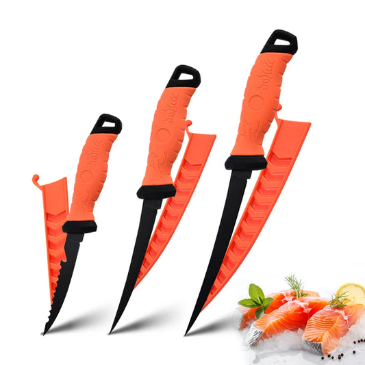 Couteau à Poisson Pro – Lame Inox Ultra Tranchante 5 à 9 pouces avec poignée orange ergonomique et étui de protection