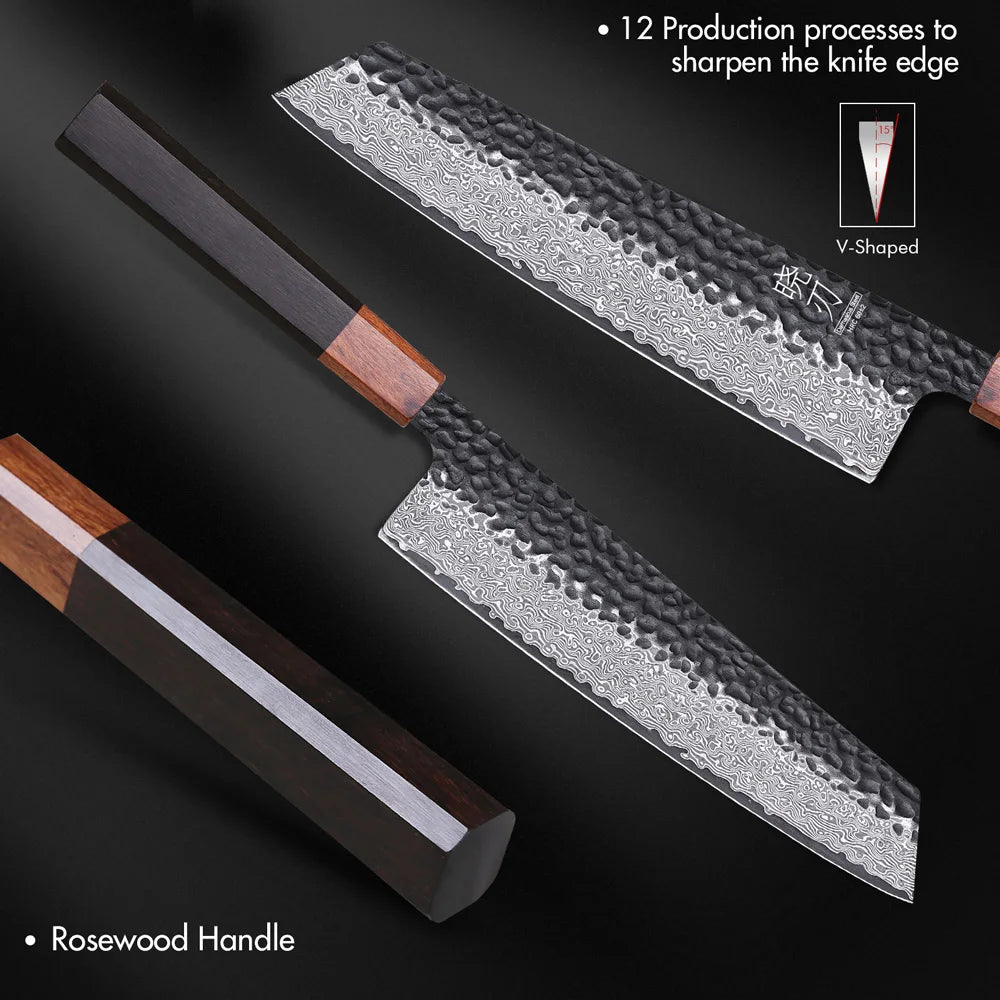 Couteau Kiritsuke Damas 67 Couches – Lame 20,7 cm Bois avec manche en bois de rose et finition martelée