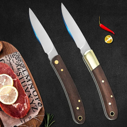 Couteau pliant à manche en bois facile à transporter pour les chefs en cuisine, idéal pour la découpe de viande.