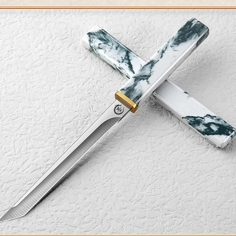 Couteau Utilitaire 8 cm – Tranchant, Léger & Polyvalent avec manche marbré blanc et noir
