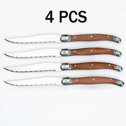 Ensemble de 4 Couteaux à Steak Forgés Main avec poigne en bois élégant et lames dentelées