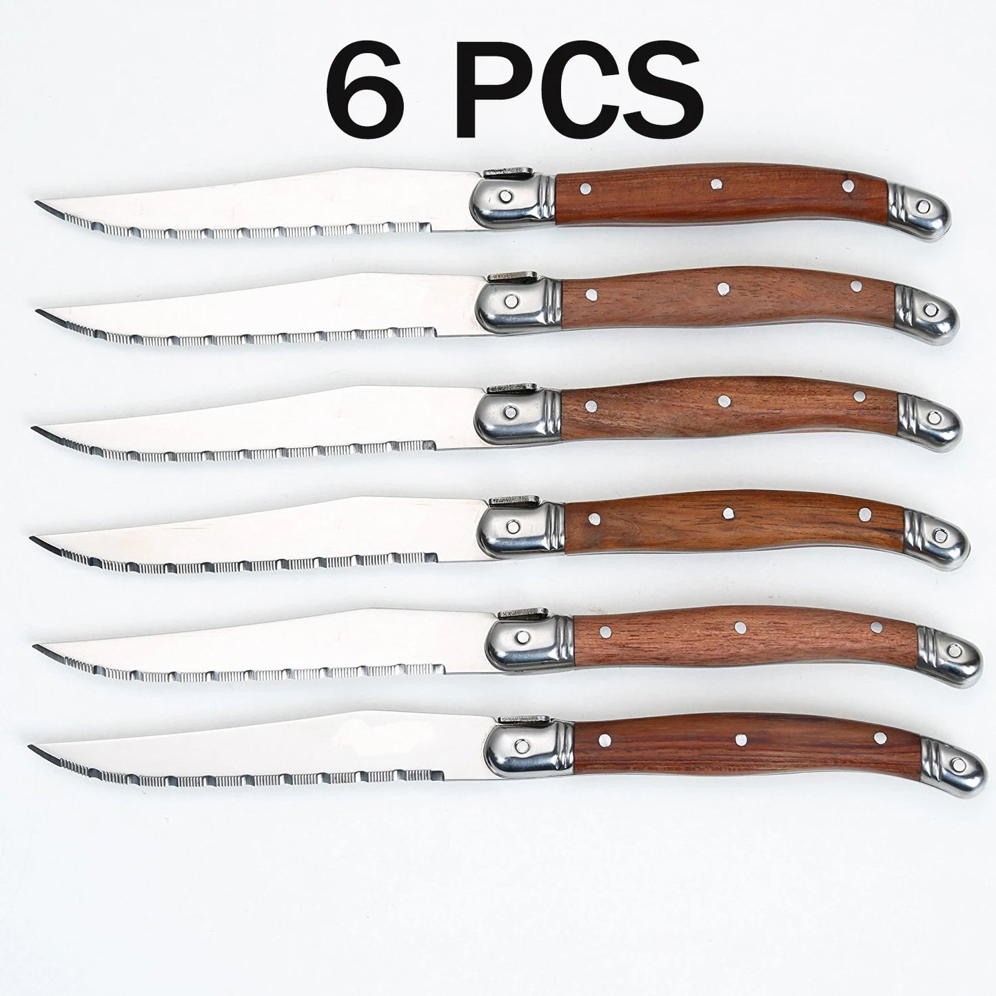 Set de 6 Couteaux à Steak Forgés Main avec poignées en bois et lames dentelées