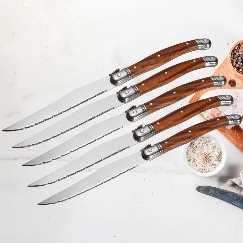 Ensemble de 5 Couteaux à Steak Forgés Main avec des poignées en bois élégantes