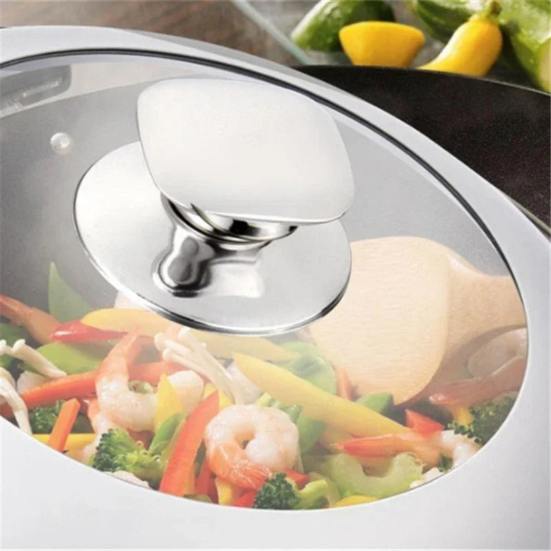Couvercle universel en inox pour poêle et wok avec une poignée élégante et transparente pour une cuisson pratique