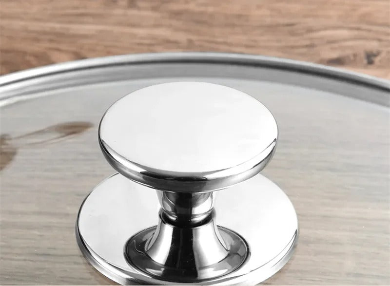 Couvercle universel inox avec poignée verre pour poêle, en acier brillant et design élégant