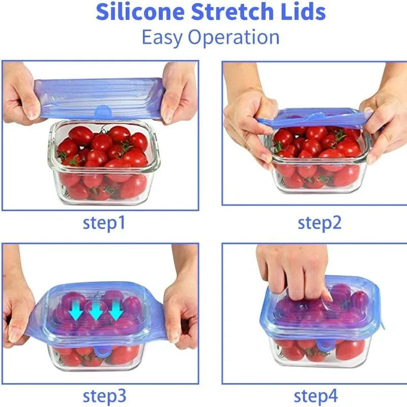 Couvercles en Silicone Extensibles Réutilisables – Lot de 6 avec instructions d'utilisation pour contenants alimentaires