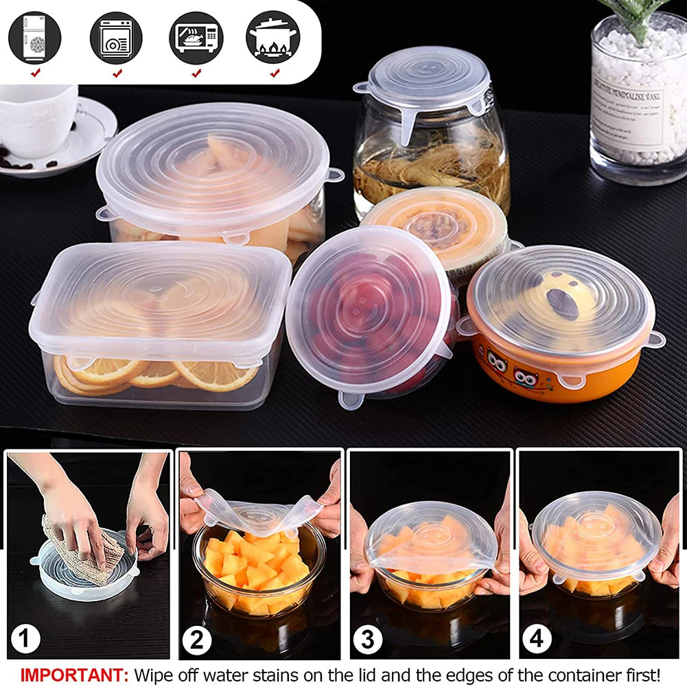 Couvercles Silicone Étanches – 6 / 12 pièces Réutilisables. Couvercles extensibles transparents pour bols, bocaux