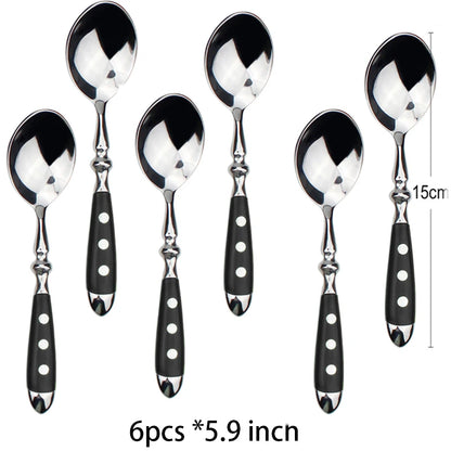 Set de 6 cuillères élégantes avec poignées noires et motifs, parfait pour un service raffiné