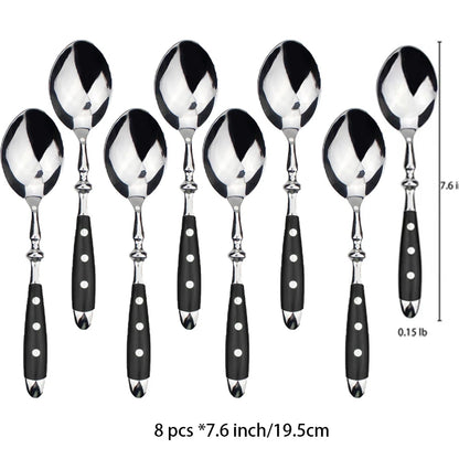 Set de 8 cuillères élégantes en acier inoxydable avec un design noir et argenté, Couverts Élégants Choix Couteaux, Fourchettes ou Cuillères