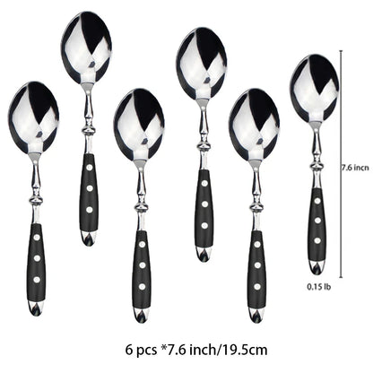 Ensemble de 6 cuillères élégantes en acier inoxydable avec poignées noires, Couverts Élégants Choix Couteaux, Fourchettes ou Cuillères