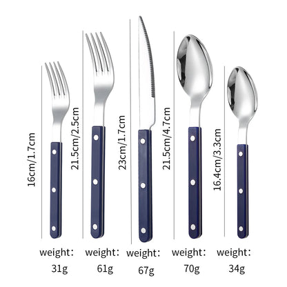 Set Élégant 1 personne de Couverts en Inox avec des manches bleu marine et finition brillante