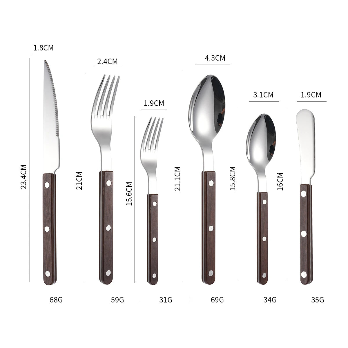 Couverts en Inox – Set Élégant 1 personne avec couteau, fourchette et cuillère en acier inoxydable et manches en bois