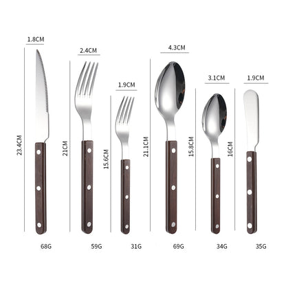 Couverts en Inox – Set Élégant 1 personne avec couteau, fourchette et cuillère en acier inoxydable et manches en bois