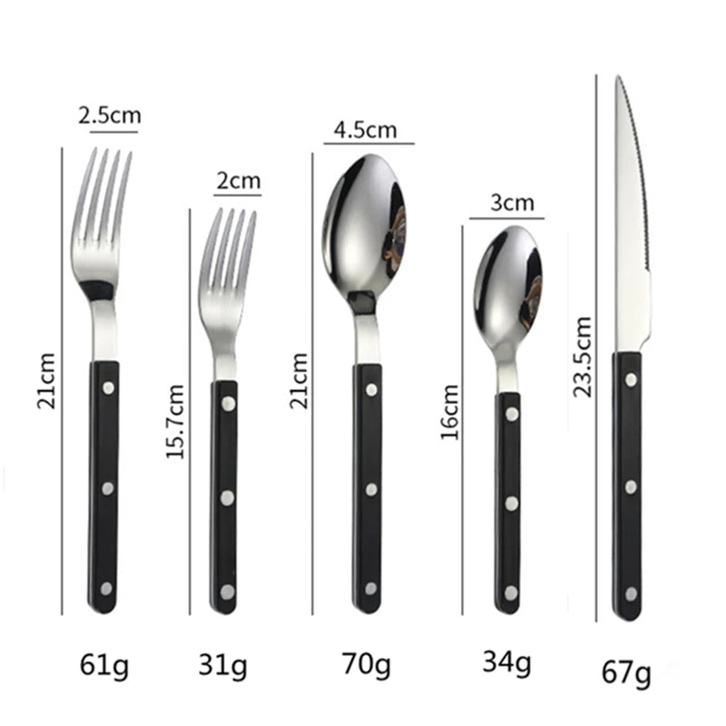 Couverts en Inox – Set Élégant 1 personne comprenant une fourchette, un couteau et une cuillère avec poignées noires