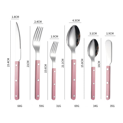 Couverts en Inox – Set Élégant 1 personne avec poignées roses, comprenant couteau, fourchette et cuillère
