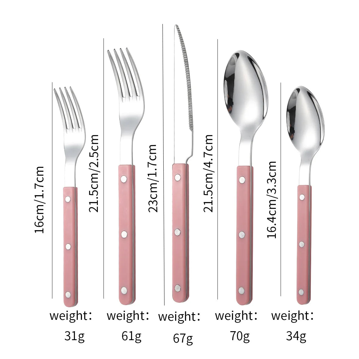 Couverts en Inox – Set Élégant 1 personne avec manches roses, comprenant une fourchette, un couteau et une cuillère.