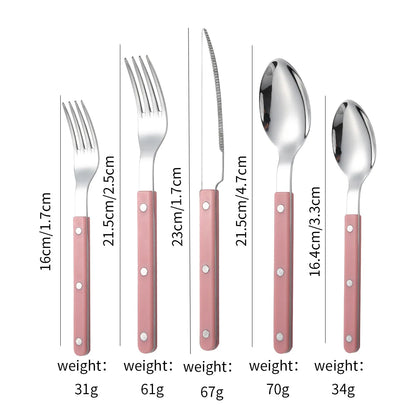 Couverts en Inox – Set Élégant 1 personne avec manches roses, comprenant une fourchette, un couteau et une cuillère.