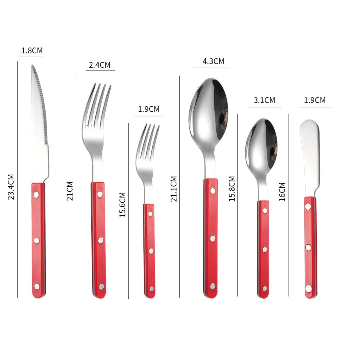 Couverts en Inox – Set Élégant 1 personne avec poignées rouges, comprenant couteau, fourchette et cuillère