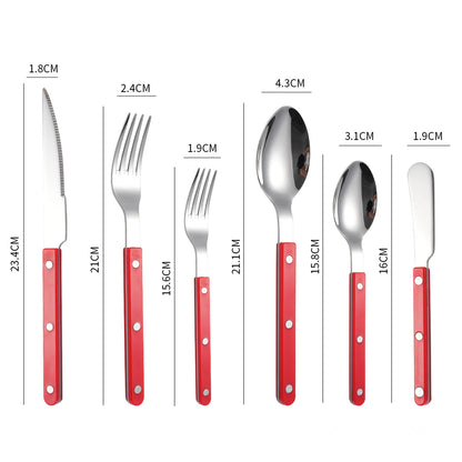 Couverts en Inox – Set Élégant 1 personne avec poignées rouges, comprenant couteau, fourchette et cuillère