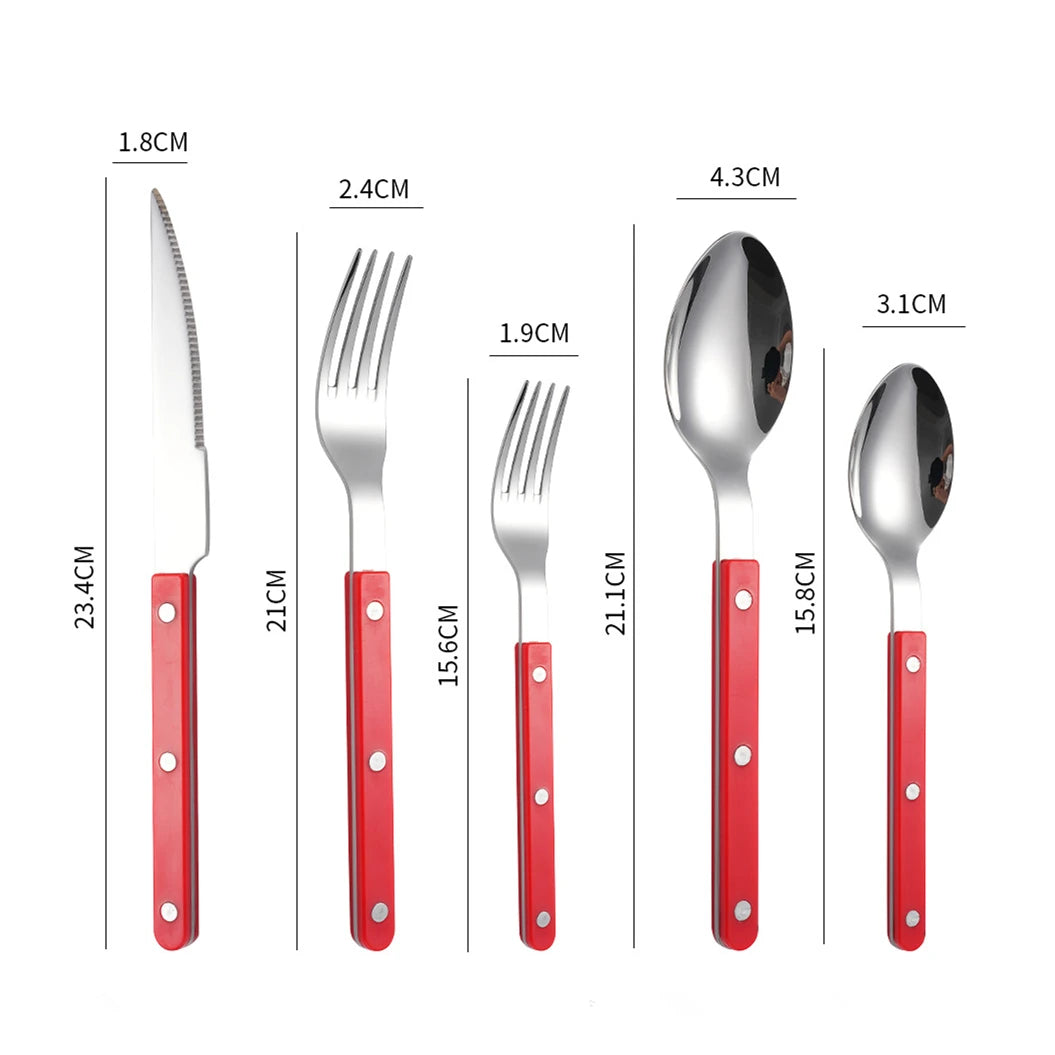 Couverts en Inox – Set Élégant 1 personne avec poignées rouges et finitions brillantes, idéal pour les repas raffinés.