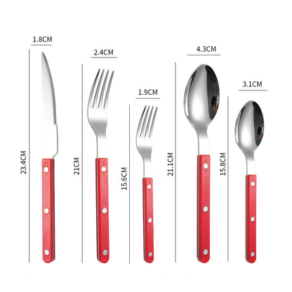 Couverts en Inox – Set Élégant 1 personne avec poignées rouges et finitions brillantes, idéal pour les repas raffinés.