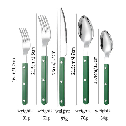Couverts en Inox – Set Élégant 1 personne avec fourchette, couteau, cuillère et poignées vertes