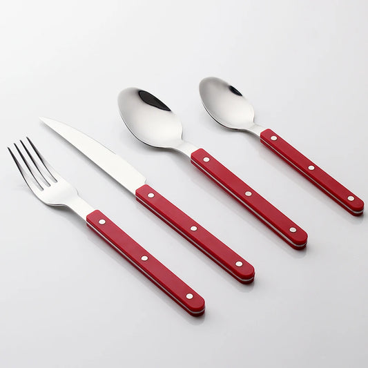 Couverts Inox 18/10 Premium Kit Complet 4 Pièces avec poignées rouges élégantes.