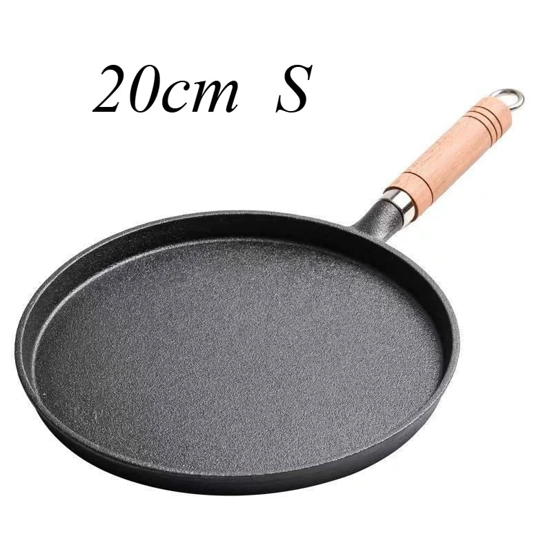 Crêpière en fonte naturelle de 20 cm avec un manche en bois, compatible avec tous feux