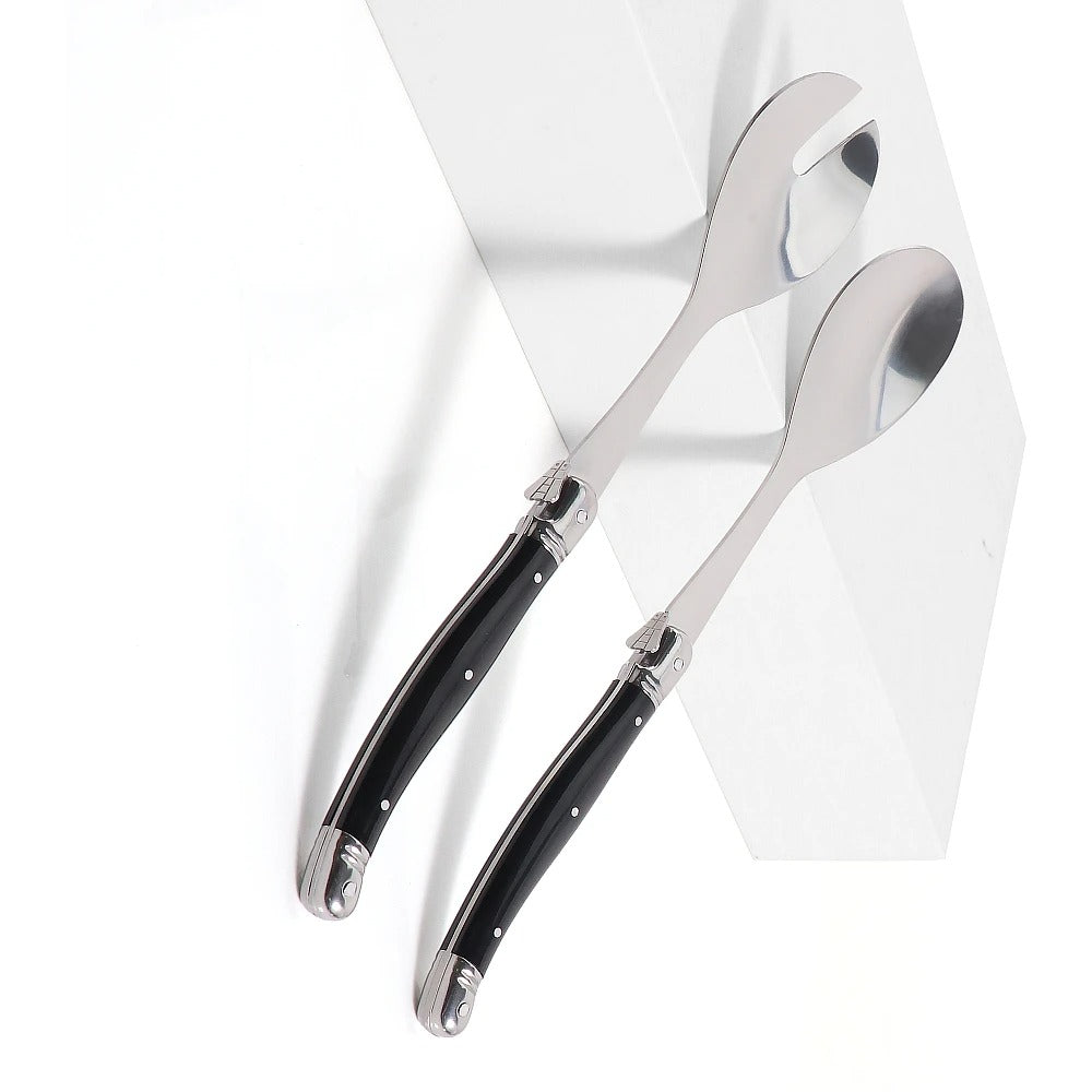 Cuillère à salade inox Lot de 2 serveurs style Laguiole élégants avec poignées noires raffinées