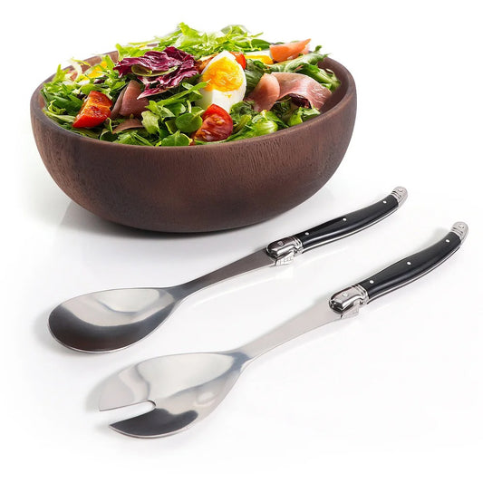 Cuillère à salade inox Lot de 2 serveurs style Laguiole élégants avec un saladier en bois rempli de salade fraîche