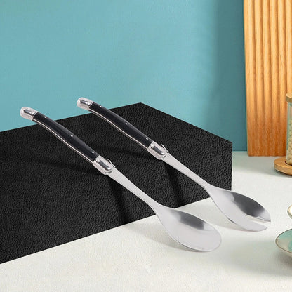 Cuillère à salade inox Lot de 2 serveurs style Laguiole élégants en acier avec poignées noires