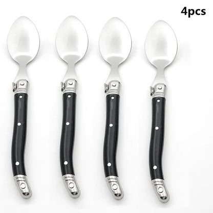 Cuillères à Café Laguiole – Acier Inox 304, 4 pcs avec poignées noires élégantes et design classique.