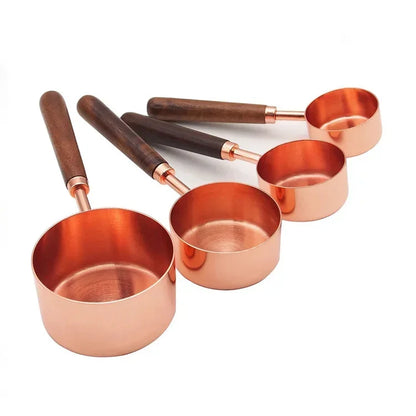 Cuillères doseuses Inox bois avec bols en cuivre et manches en bois foncé Ustensile de chef