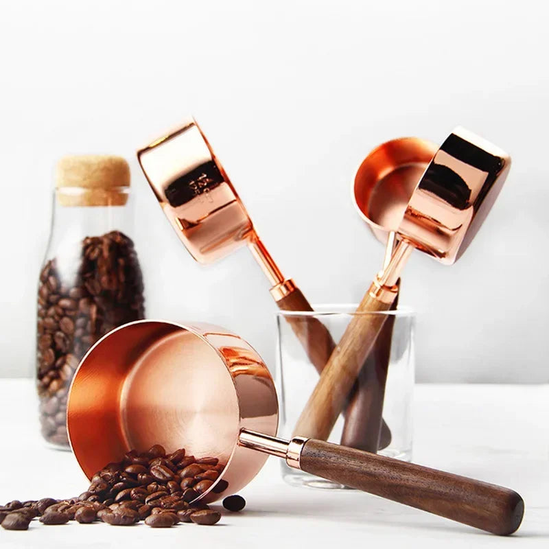 Cuillères doseuses Inox bois en cuivre avec poignée en bois pour mesurer café et ingrédients
