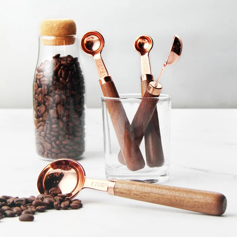 Cuillères doseuses Inox bois avec manches en bois et tête en inox cuivré pour mesurer café