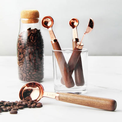 Cuillères doseuses Inox bois avec manches en bois et tête en inox cuivré pour mesurer café