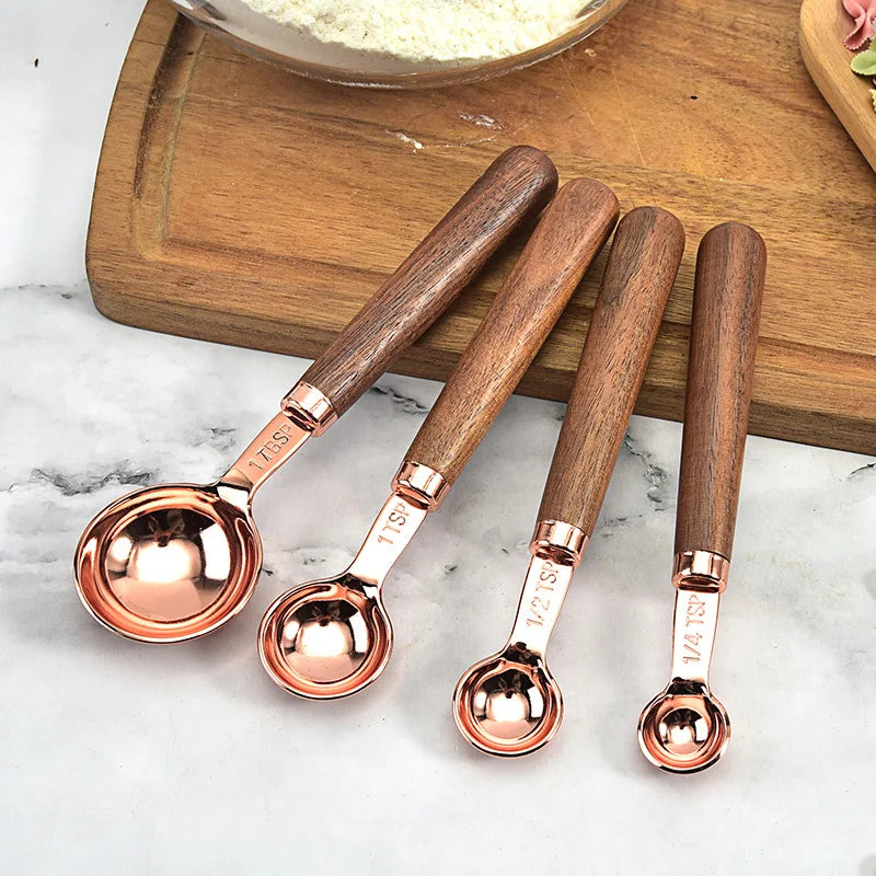 Cuillères doseuses Inox bois avec manches en bois et bols en acier inoxydable pour mesurer les ingrédients