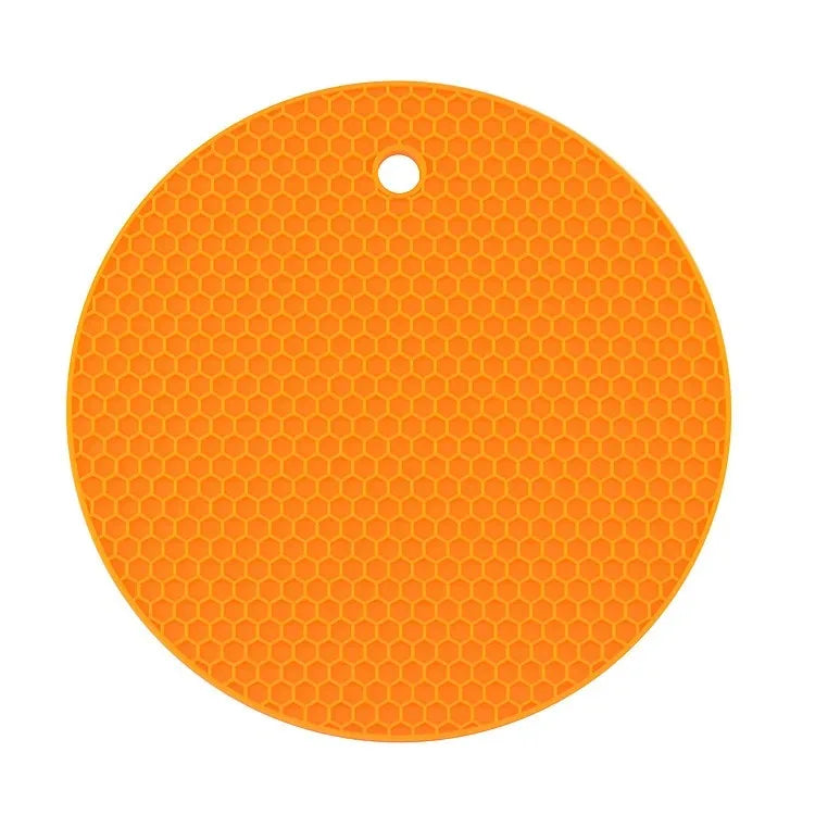 Dessous de Plat Silicone 18cm – Antidérapant & Résistant. Rond orange nid d'abeille avec trou de suspension pour casseroles