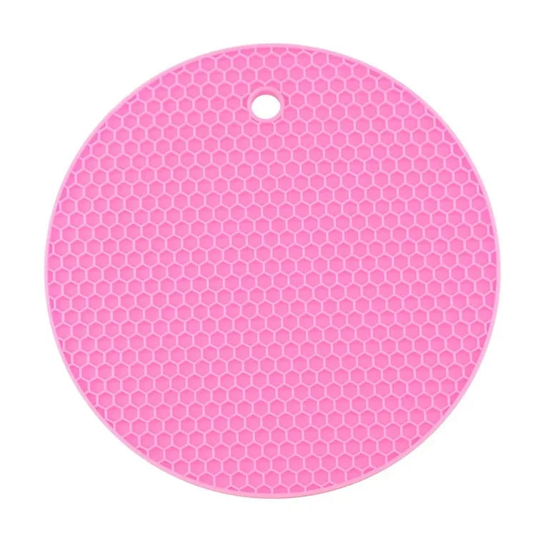 Ustensile de chef Dessous de Plat Silicone 18cm – Antidérapant & Résistant. rond rose à texture nid d'abeille avec trou